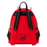 Back of Loungefly Hot Stuff mini backpack with black straps, flame trim and heart Hot Stuff logo.