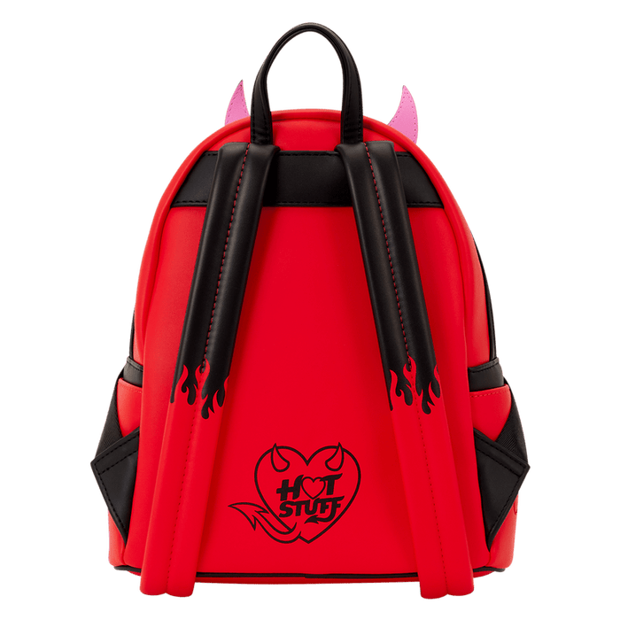 Back of Loungefly Hot Stuff mini backpack with black straps, flame trim and heart Hot Stuff logo.