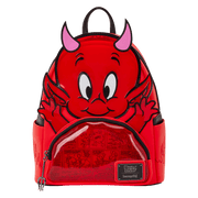 Front view of Loungefly Hot Stuff mini backpack in red with 3D devil face, pink horns and clear comic-print front pocket.