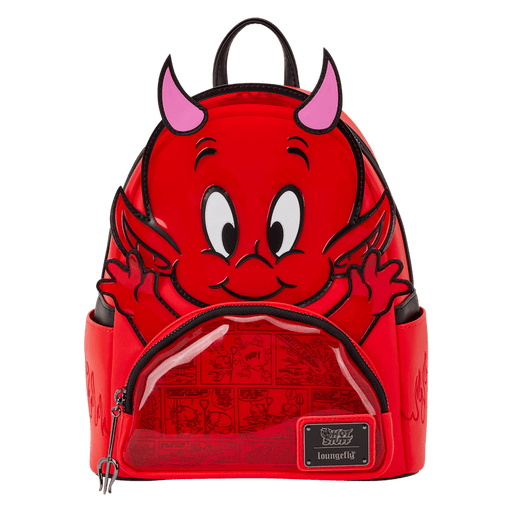 Front view of Loungefly Hot Stuff mini backpack in red with 3D devil face, pink horns and clear comic-print front pocket.