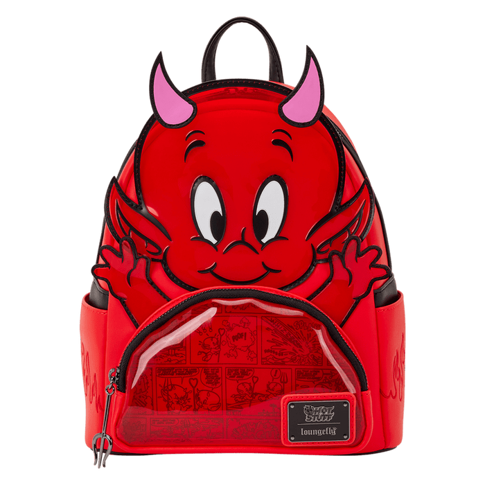 Front view of Loungefly Hot Stuff mini backpack in red with 3D devil face, pink horns and clear comic-print front pocket.