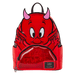 Front view of Loungefly Hot Stuff mini backpack in red with 3D devil face, pink horns and clear comic-print front pocket.