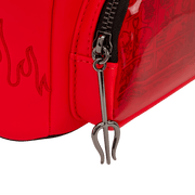 Silver trident zip pull detail on the Loungefly Hot Stuff mini backpack front pocket.
