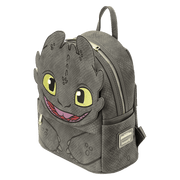 Angled view of Loungefly Toothless cosplay mini backpack with 3D face front pocket and scale print