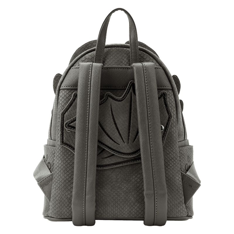 Back view of Loungefly Toothless mini backpack with adjustable straps and folded wing panels