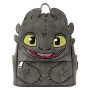 Loungefly Toothless cosplay mini backpack front view with embossed scales and big yellow eyes