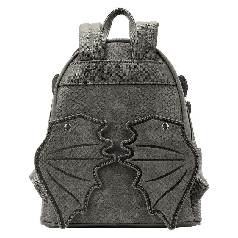 Back view of Loungefly Toothless mini backpack showing wings folded inwards