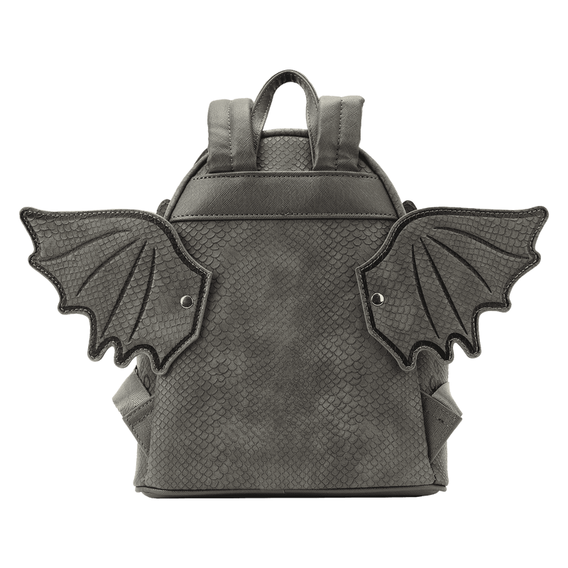 Back detail of Loungefly Toothless mini backpack with bat-style wings extended