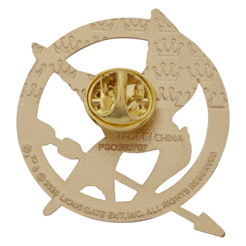 Back of gold-tone Hunger Games Mockingjay enamel pin showing fastening and official licensing markings