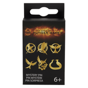 Black Loungefly Hunger Games mystery pin packaging showing the six possible gold-tone designs