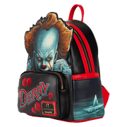 Angled view of Loungefly IT Pennywise Derry mini backpack with sculpted Pennywise and red balloons.