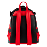Back of Loungefly IT Pennywise mini backpack with red straps and black panel.