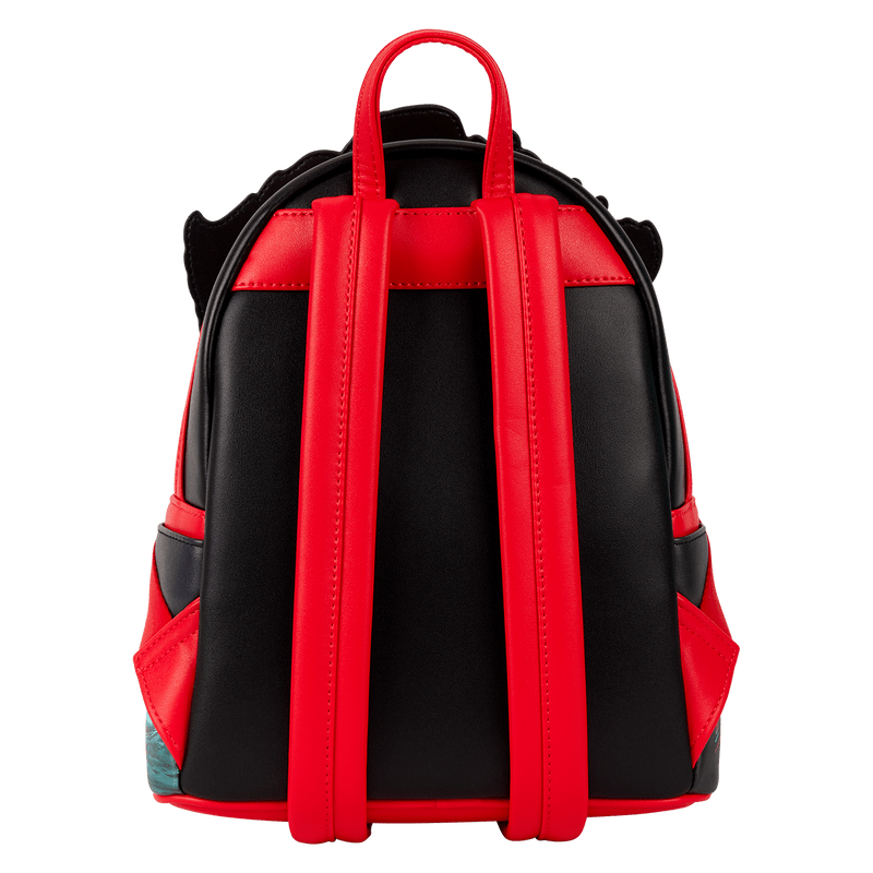 Back of Loungefly IT Pennywise mini backpack with red straps and black panel.