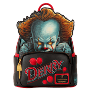 Front view of Loungefly IT Pennywise Derry mini backpack with Pennywise face and Derry logo.