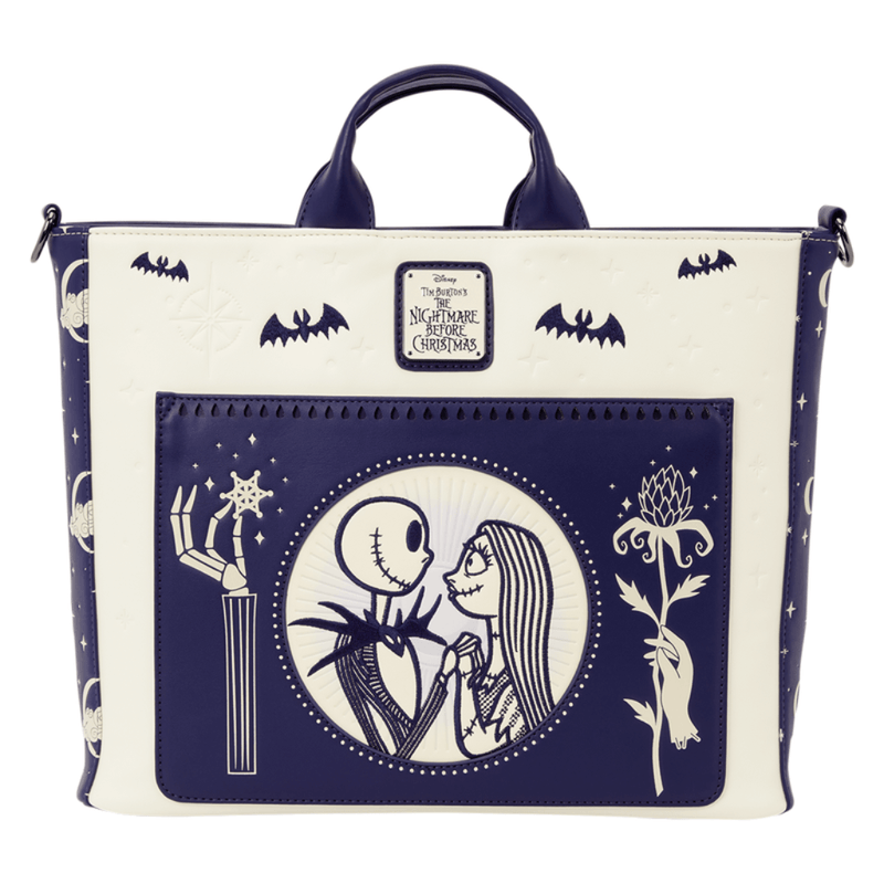 Loungefly Nightmare Before Christmas Jack Skellington and Sally Convertible Backpack Tote Bag front view