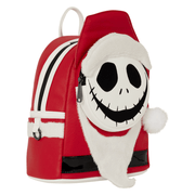 Angled view of Jack Skellington Sandy Claws Loungefly Mini Backpack showing plush white beard, Santa hat pom-pom and red body