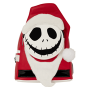 Loungefly Jack Skellington Sandy Claws Cosplay Mini Backpack with red Santa hat, fluffy white beard and large Jack Skellington face