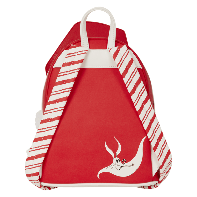 Back of Loungefly Jack Skellington Sandy Claws Mini Backpack showing Zero the ghost dog and red-and-white striped shoulder straps