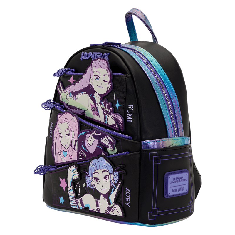Angled front view of the Loungefly K-Pop Demon Hunters Huntrix mini backpack with character artwork and iridescent trim