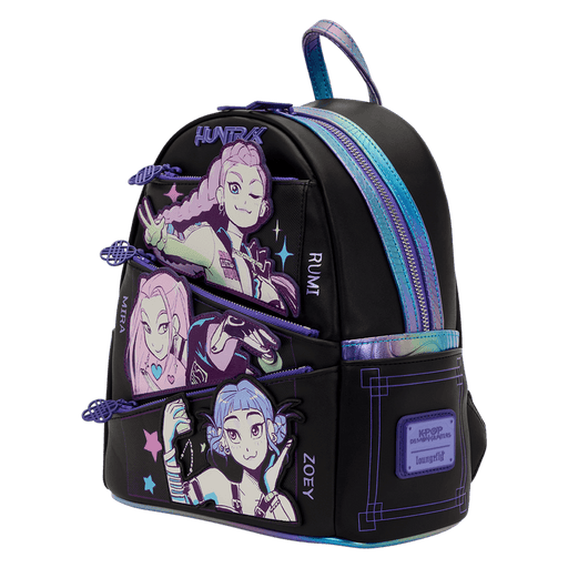 Angled front view of the Loungefly K-Pop Demon Hunters Huntrix mini backpack with character artwork and iridescent trim