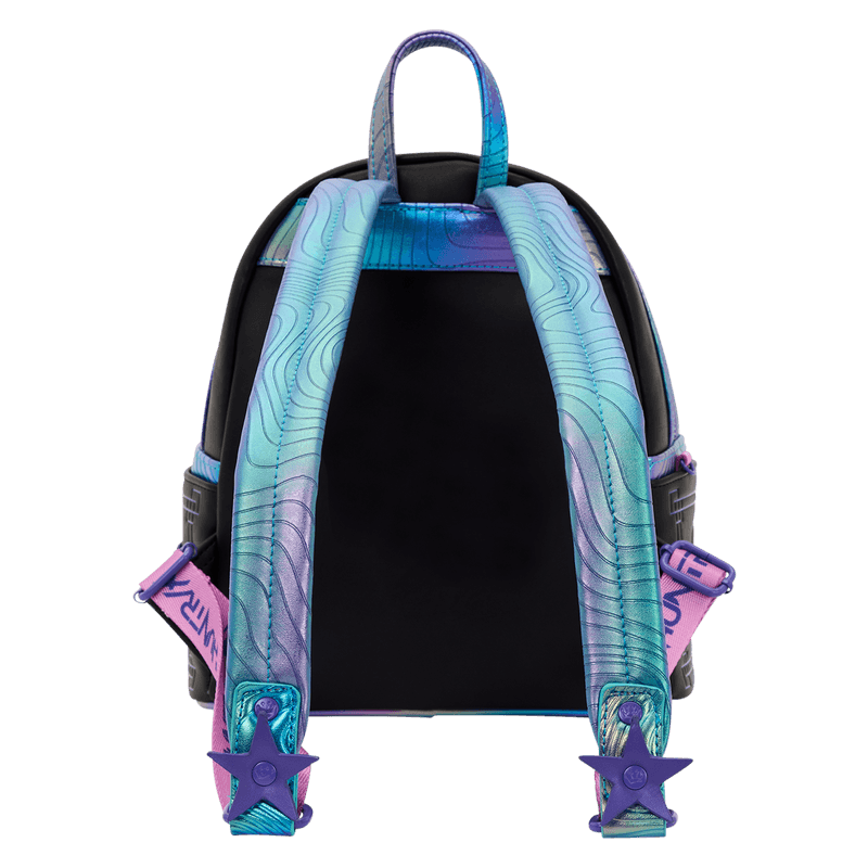 Back view of the Loungefly K-Pop Demon Hunters Huntrix mini backpack with iridescent shoulder straps