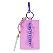 Angled view of the pink card holder charm from the Loungefly K-Pop Demon Hunters Huntrix mini backpack