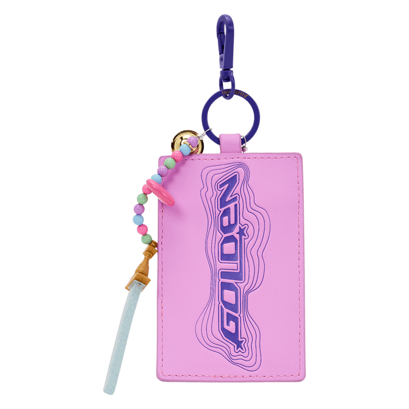 Angled view of the pink card holder charm from the Loungefly K-Pop Demon Hunters Huntrix mini backpack