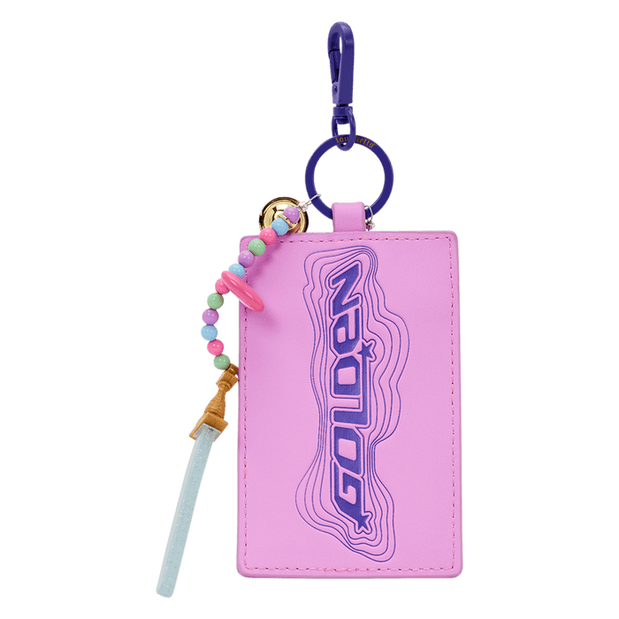 Angled view of the pink card holder charm from the Loungefly K-Pop Demon Hunters Huntrix mini backpack