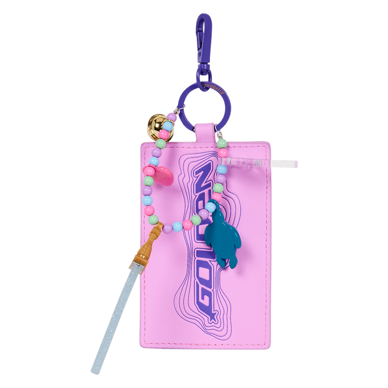 Front view of the pink card holder charm from the Loungefly K-Pop Demon Hunters Huntrix mini backpack