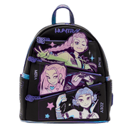 Front view of the Loungefly K-Pop Demon Hunters Huntrix mini backpack with Rumi, Mira and Zoey artwork