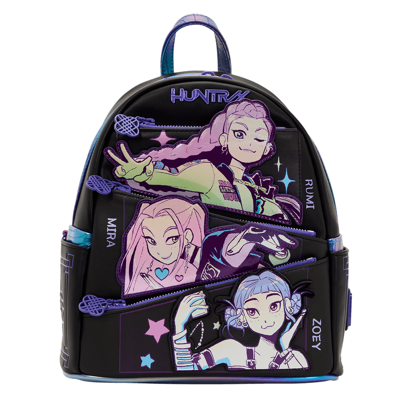 Front view of the Loungefly K-Pop Demon Hunters Huntrix mini backpack with Rumi, Mira and Zoey artwork