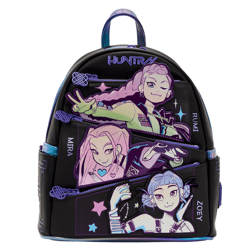 Front view of the Loungefly K-Pop Demon Hunters Huntrix mini backpack with Rumi, Mira and Zoey artwork