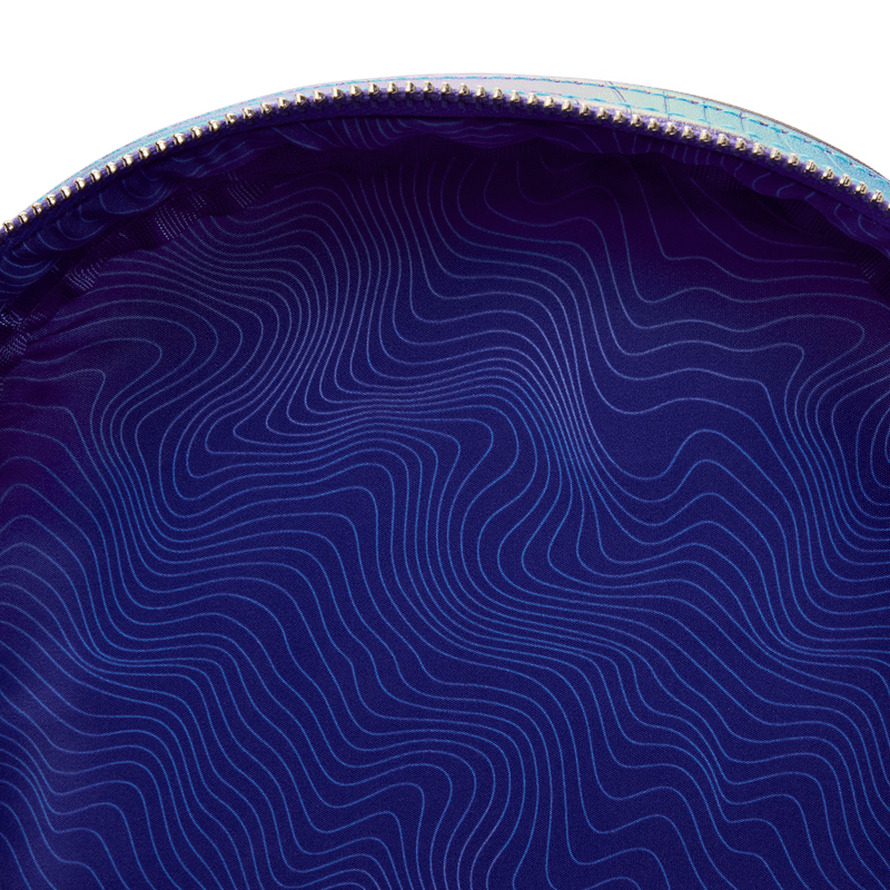 Interior lining of the Loungefly K-Pop Demon Hunters Huntrix mini backpack with blue wave pattern