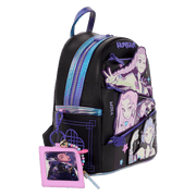 Side view of the Loungefly K-Pop Demon Hunters Huntrix mini backpack with attached pink card holder charm