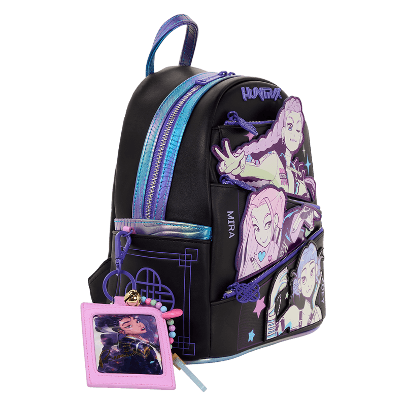 Side view of the Loungefly K-Pop Demon Hunters Huntrix mini backpack with attached pink card holder charm