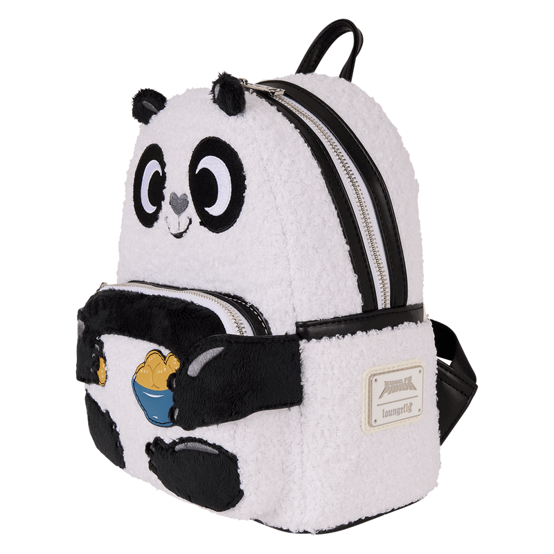 Side angle of Loungefly Kung Fu Panda mini backpack showing panda ears, front pouch and zip detail – Loungefly backpack
