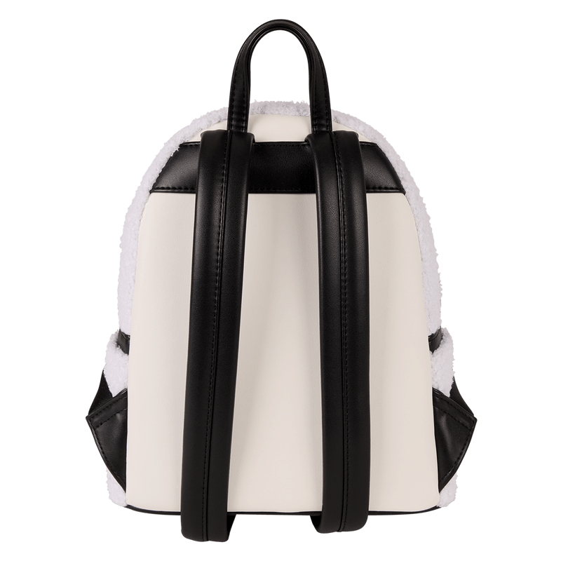 Back of Loungefly Kung Fu Panda mini backpack with black straps and cream faux leather panel – Loungefly backpack
