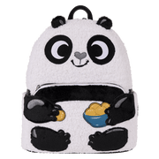 Front view of Loungefly Kung Fu Panda mini backpack shaped like Po with sherpa finish and dumpling bowl – Loungefly bag
