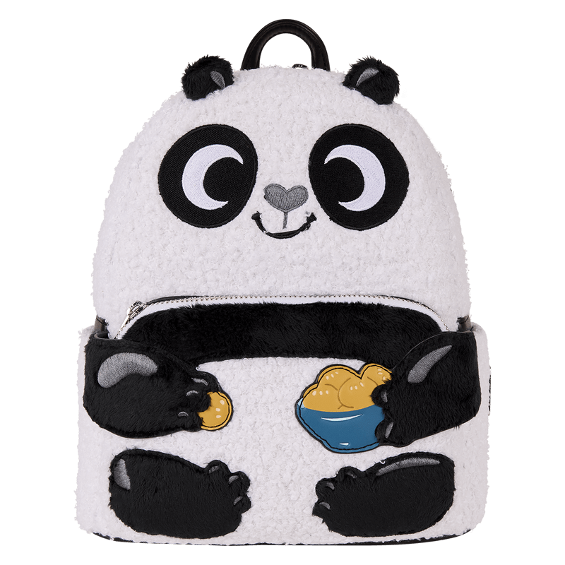 Front view of Loungefly Kung Fu Panda mini backpack shaped like Po with sherpa finish and dumpling bowl – Loungefly bag
