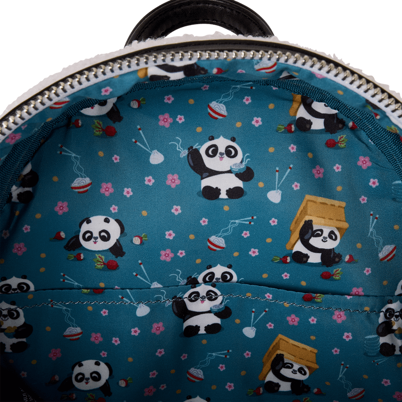 Interior lining of Loungefly Kung Fu Panda mini backpack with cute Po dumpling and blossom print – Loungefly bags detail
