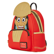 Angled view of the Loungefly Kuzco Cosplay Mini Backpack with metallic gold crown