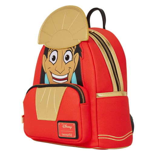 Angled view of the Loungefly Kuzco Cosplay Mini Backpack with metallic gold crown