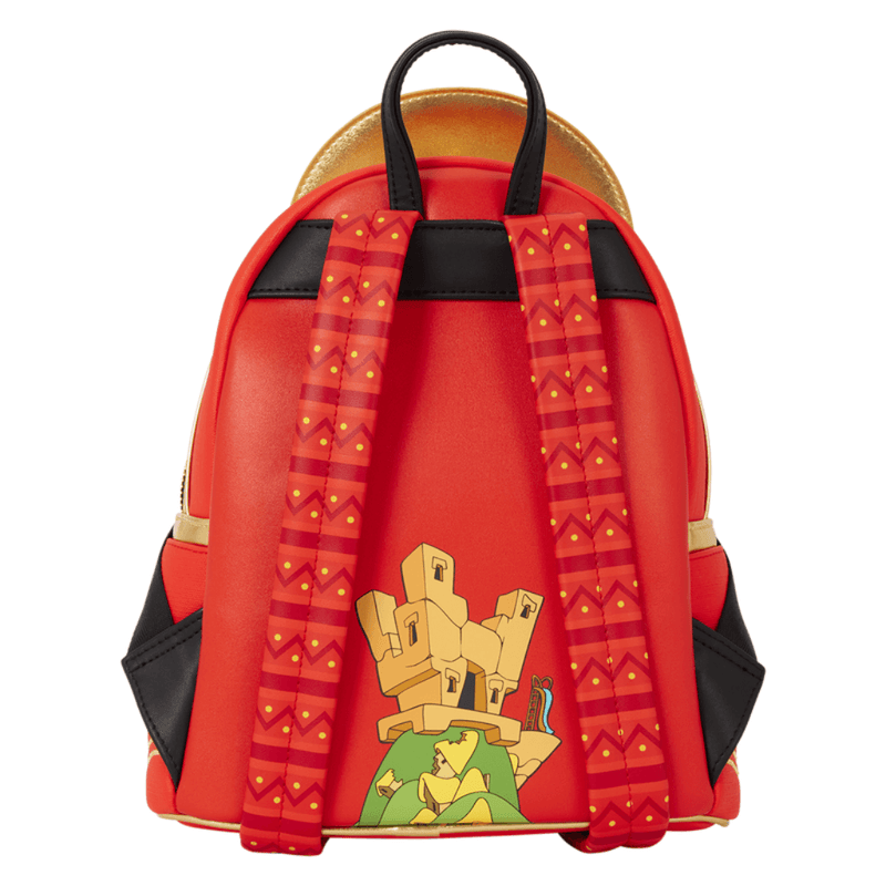 Back of the Loungefly Kuzco Mini Backpack with patterned shoulder straps and Emperor’s New Groove artwork