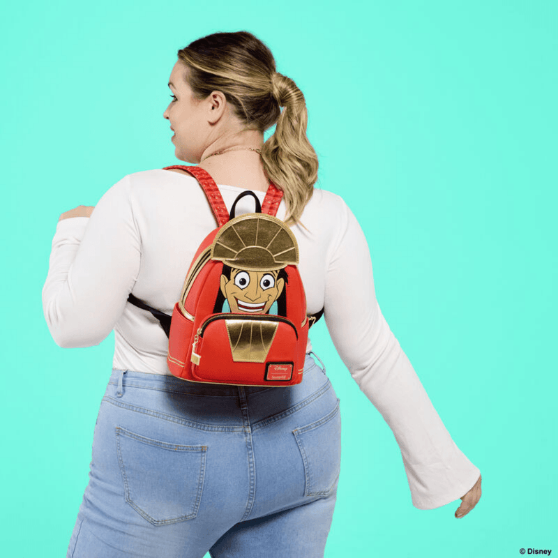Loungefly Kuzco Cosplay Mini Backpack worn on the back