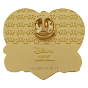 Gold-tone backing of Disney Loungefly Lady and the Tramp enamel pin showing metal fastening and Disney branding