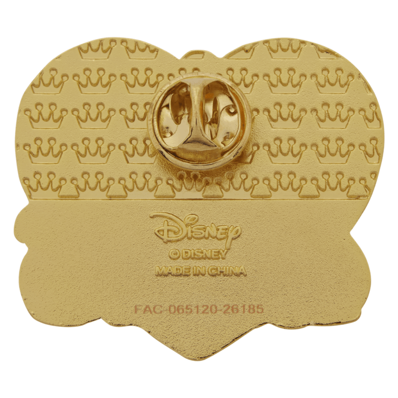 Gold-tone backing of Disney Loungefly Lady and the Tramp enamel pin showing metal fastening and Disney branding