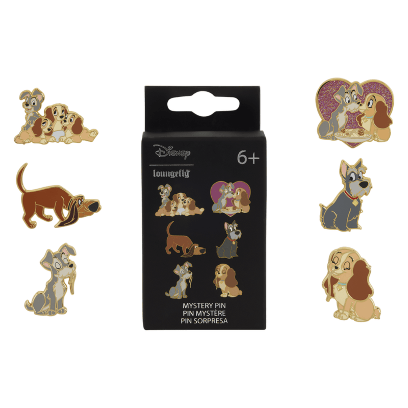 Six Loungefly Lady and the Tramp Blind Box pin designs featuring Lady, Tramp, puppies, Jock, Trusty and glitter chase