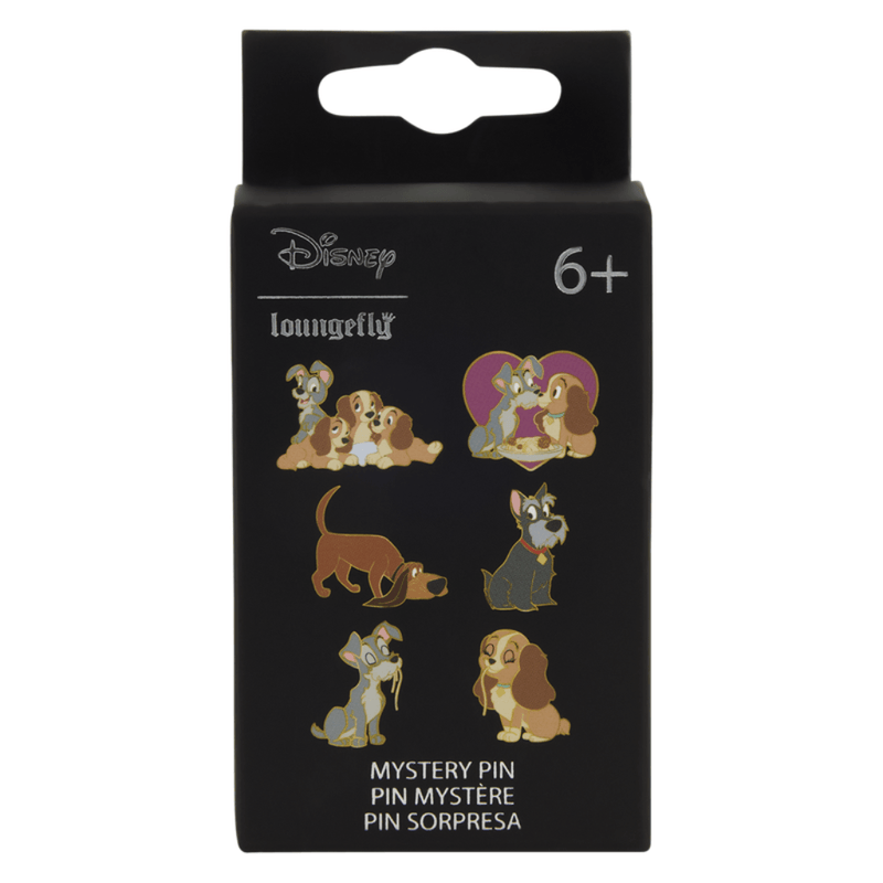 Loungefly Disney Lady and the Tramp mystery enamel pin Blind Box packaging showing six collectable designs