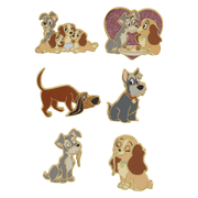 Complete Loungefly Lady and the Tramp mystery pin collection with six possible enamel pin designs and pink glitter heart chase