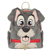 Loungefly Disney Lady and the Tramp Plush Cosplay Mini Backpack featuring Tramp's grey plush face, floppy ears and red collar